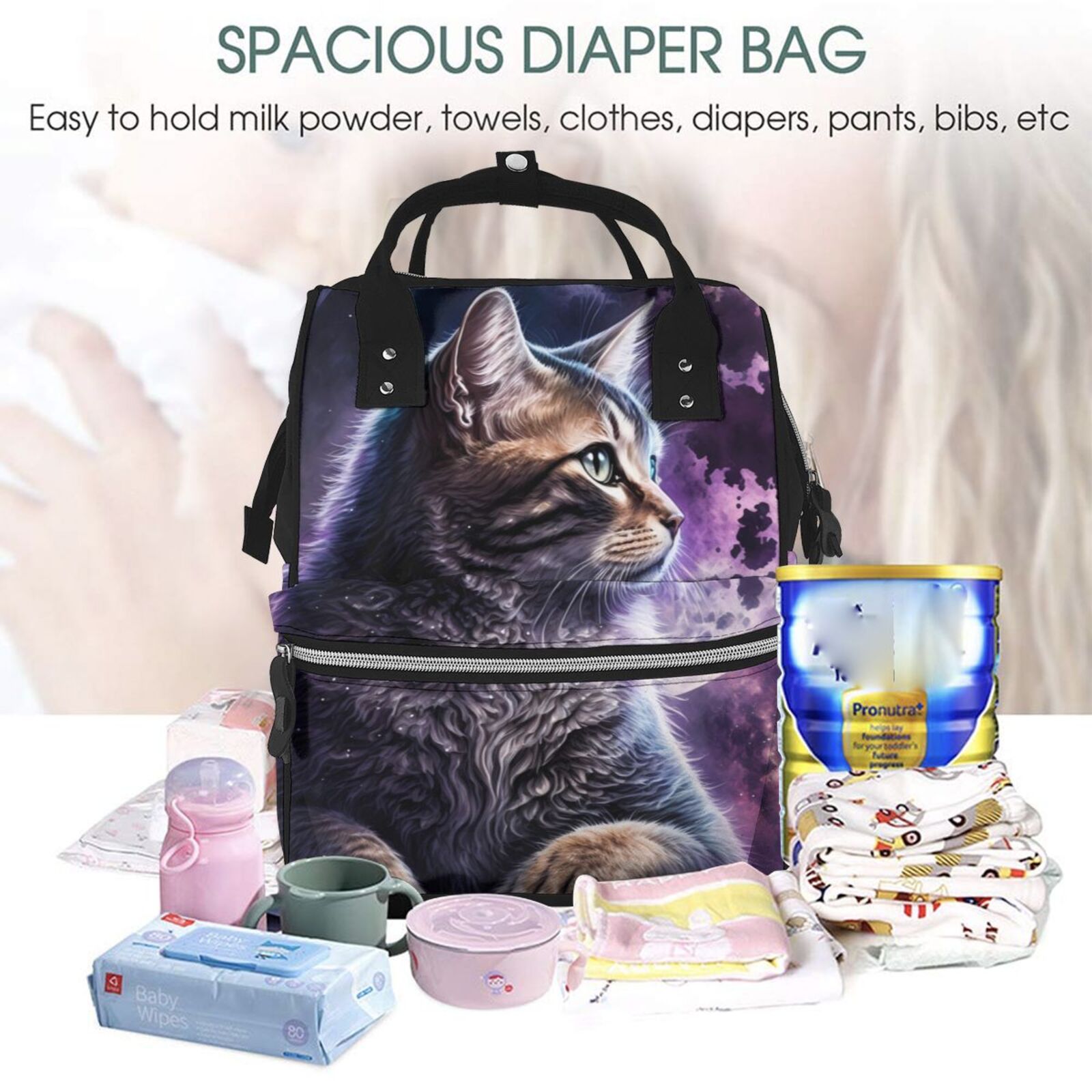 Ratiio Purple Moon Cat Mummy Backpack - Waterproof Twill Canvas, Large Capacity Diaper Bag with Multiple Pockets and Adjustable Straps
