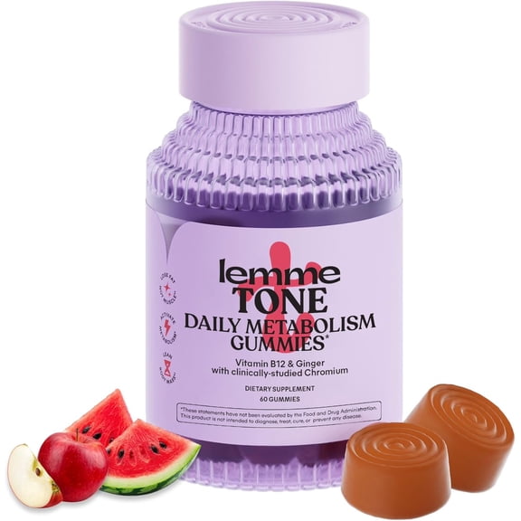 Lemme Tone Metabolism Gummies, Apple Cider Vinegar, Clinically Studied Chromium, B12, Ginger, Promote Lean Body Mass, Watermelon Apple Flavor (60 Gummies)
