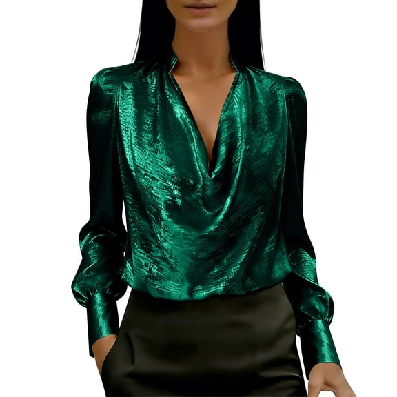 ClodeEU Women's Elegant Glitter Long Sleeve Satin V Neck Shirt Tops ,Trendy Tunic Blouse Green,Womens Plus XXL