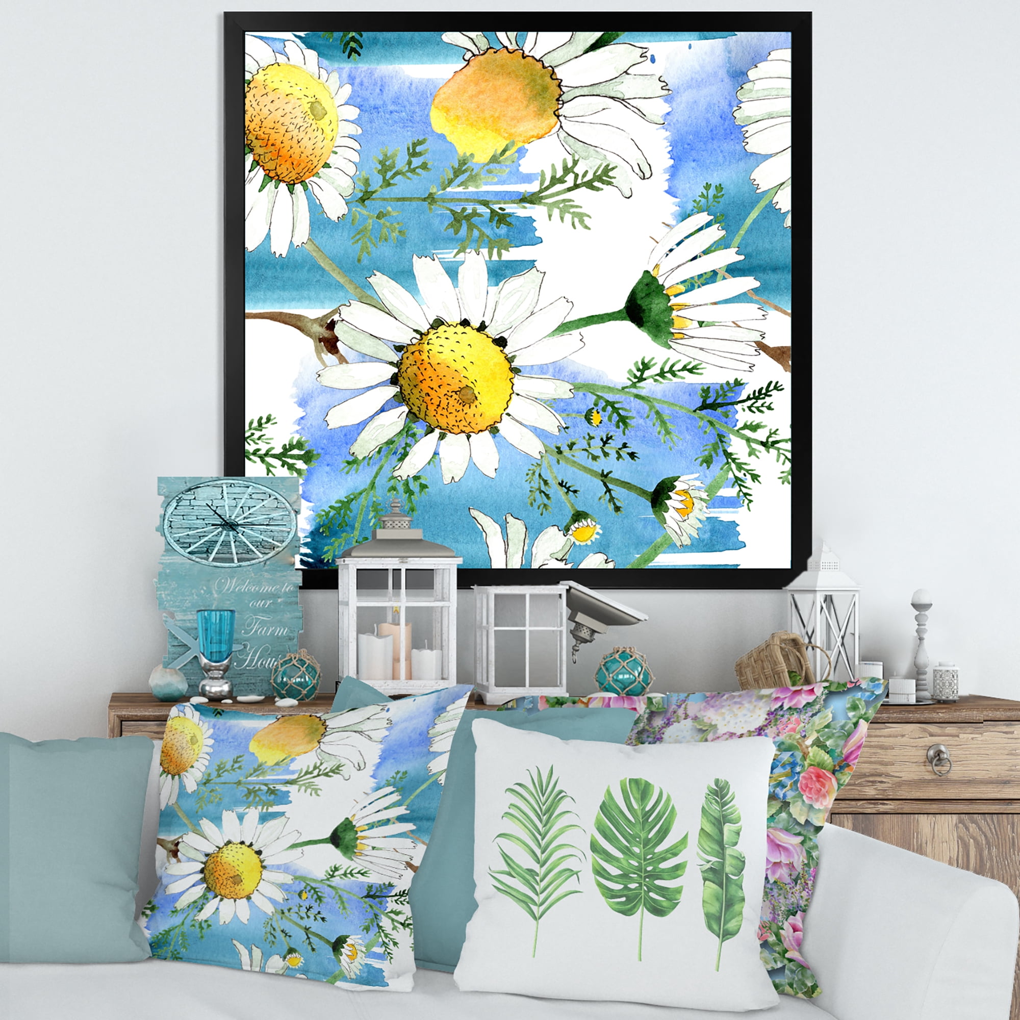 Wild Spring White Chamomile Flowers 16 in x 16 in Framed Painting Canvas Art Print, by Designart