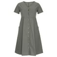 thumbnail image 7 of Ecqkame Womens Summer Cotton Linen Dress Casual Solid Color Short Sleeve Beach Dress Button V Neck Vacation Sundress with Pockets Gray XL, 7 of 7