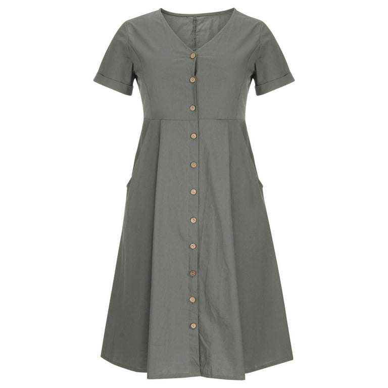 Casual Summer Dress for Womens Cotton Linen Button Down Midi Dress with  Pockets V neck Short Sleeve Plus Size (3X-Large, Gray) - Walmart.com