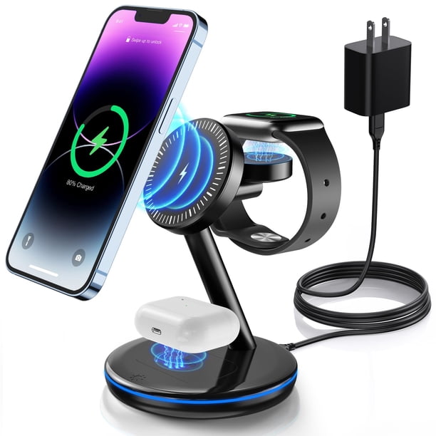 Estación de carga 3 en 1 para dispositivos Apple Soporte de cargador rápido Mag-Safe de 18 W Estación de carga inalámbrica magnética para iPhone16 15 14 13 12 Pro/Pro Max/Plus/Mini AirPods 2/3/Pro iWa