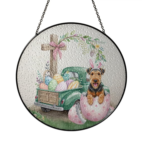 Easter Egg Airedale Terrier Bunny Ear Welcome Spring Truck Stained Glass Suncatcher Dale Waterside Dog Lover Window Hanging Sign Decor - 12002