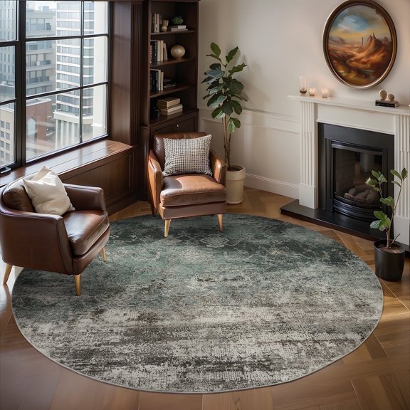 VUNATE 6'x6' Round Rugs for Living Room Machine Washable Rugs Abstract Vintage Distressed Indoor Rug Carpet Soft Lightweight Large Area Rug for Bedroom Dining Room Kitchen Nonslip Rug Teal