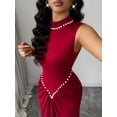 thumbnail image 3 of Burgundy Semi-High Neck Sleeveless Knitted Pleated Maxi Dress With Pearl Embellishment, Elegant Evening Gown, 3 of 8