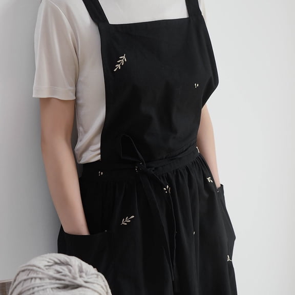 Japanese Cotton Linen Cross Back Apron for Women with Pockets，Cooking Apron,Gardening Apron-Leaf Black