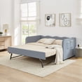 thumbnail image 4 of Harper & Bright Designs Twin Size Upholstered Daybed with Pull‑out Trundle, Corner Bed Frame with Wavy Backrest, Convertible Sofa Bed with Side Storage and Rolling Wheels for Bedroom, Dark Blue, 4 of 16
