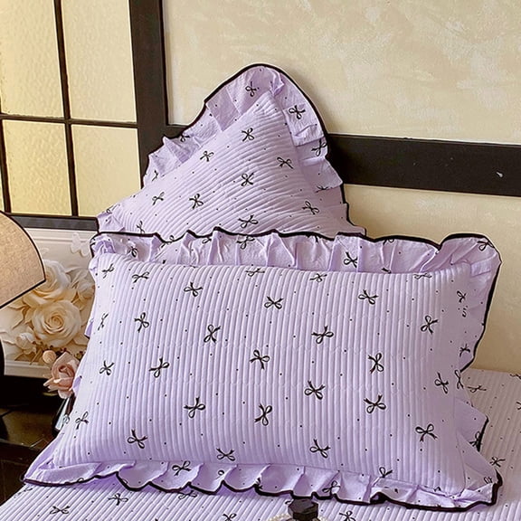 Ruffle Edge Pillowcase Double Layer Cotton Like Pillow Case Soft Breathable Bow Print Home Bedding for Hotel Travel Gift(Purple)
