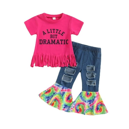 

EHTMSAK Toddler Baby Children Girl Summer Clothing Set Tassel T Shirts and Jeans Flare Pants Set Letter Print Short Sleeve Outfits Pink 18M-6Y 120