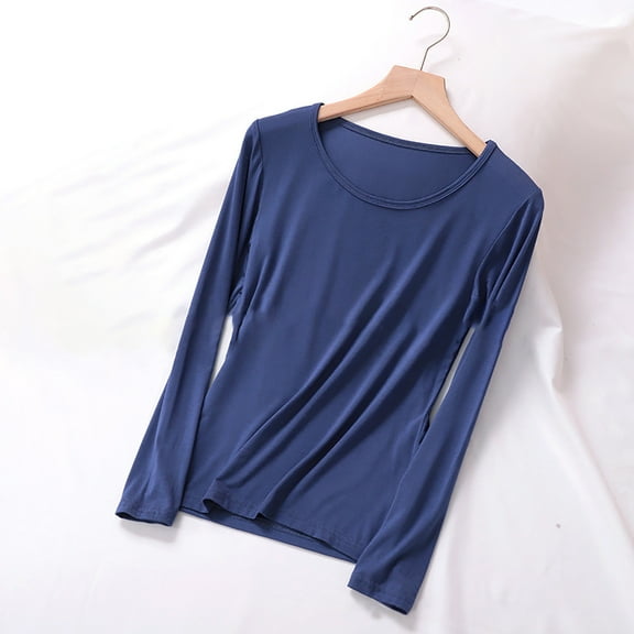 Lovskoo Basic Long Sleeves for Women Pajama Tops Round Neck Tops Loose Casual Pullovers Tee Shirts Basic Tops Blue L