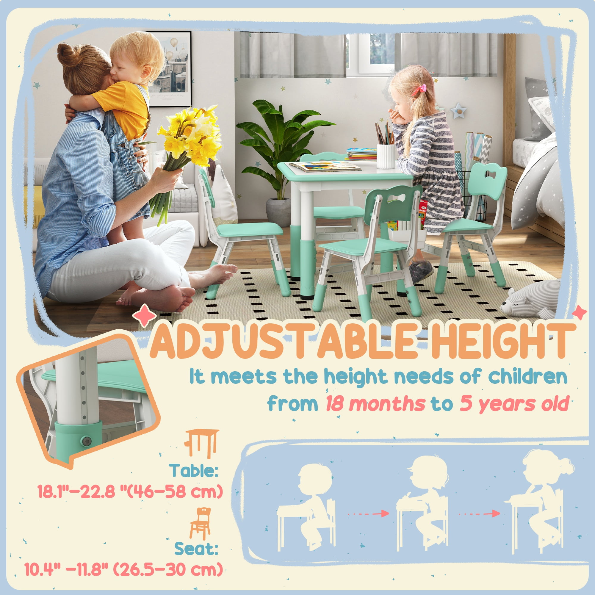 Qaba 5 Piece Height Adjustable Kids Table and Chair Set with Storage, Green
