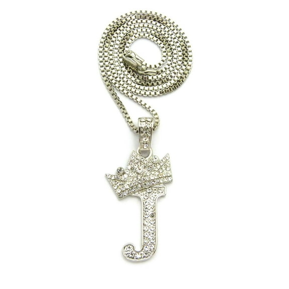 Stone Stud Allover Tilted Crown Initial J Pendant w/ 2mm 24" Box Chain Necklace, Silver-Tone