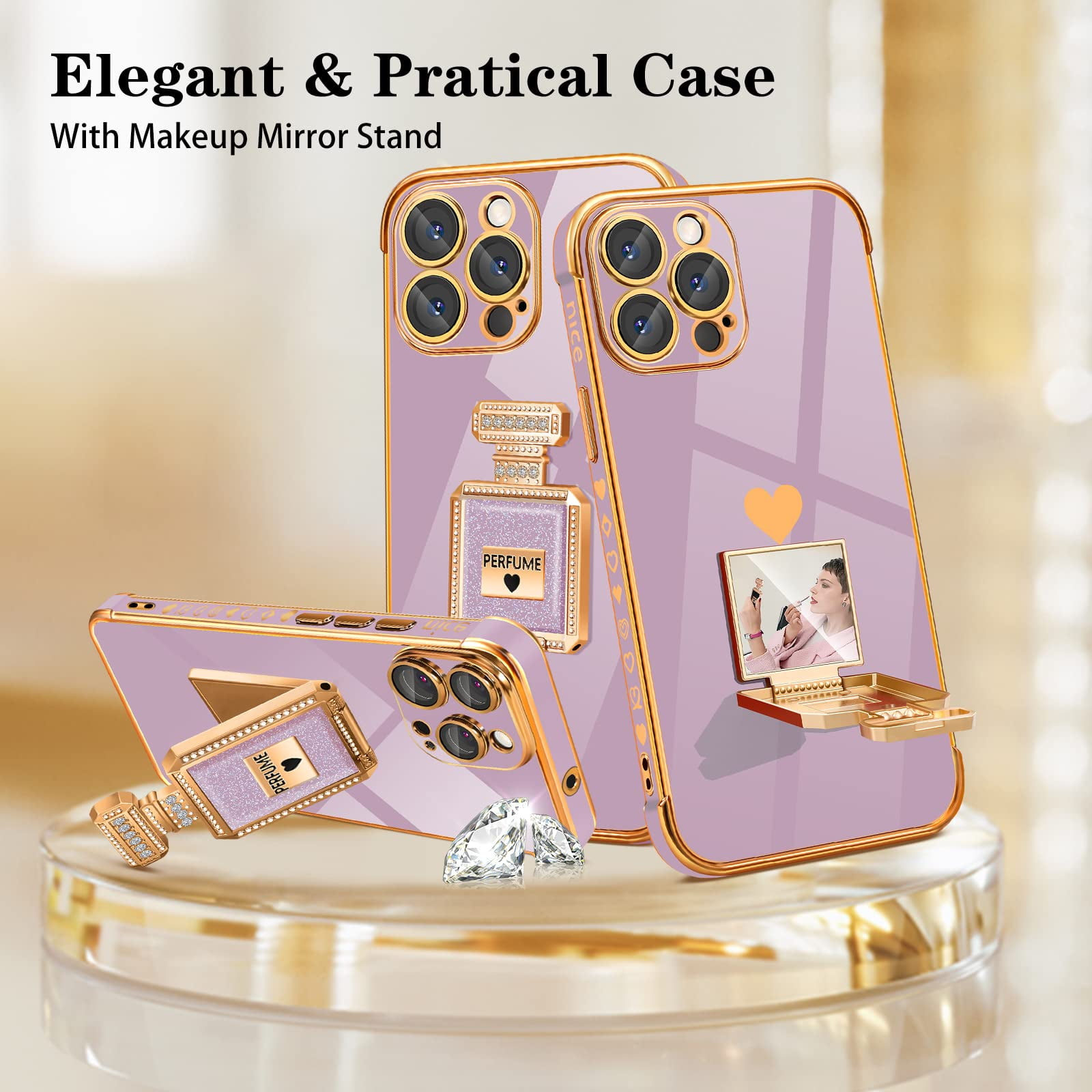 TINTON Elegant Luxury Phone Cover Compatible with iPhone 15 Plus Case, Love  Heart Plating Case with Perfume Mirror Stand, Cute Women Girly Designer