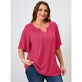 thumbnail image 5 of SHOWMALL Women's Plus Szie Tops V Neck Loose Fit Short Sleeve Rose Red 1X Casual Blouse for Summer Relaxed Style Shirts Everyday Wear Outfit, 5 of 6