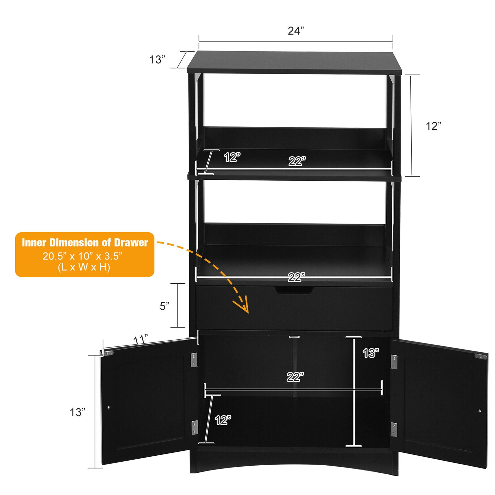 Gymax Bathroom Storage Cabinet Shelf Cupboard Floor Cabinet w/Drawer Black