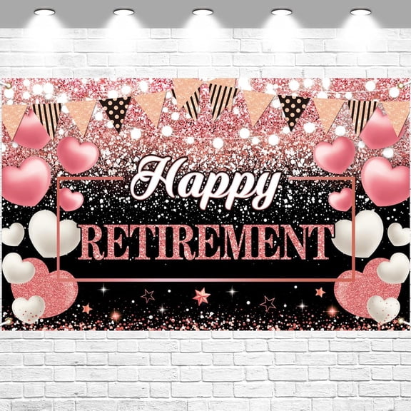 5.9x3.6FT Happy Retirement Backdrop Rose Gold Retirement Background for Men Women Pink White Heart Balloons Retirement Party Decorations Banner Photo Booth Props
