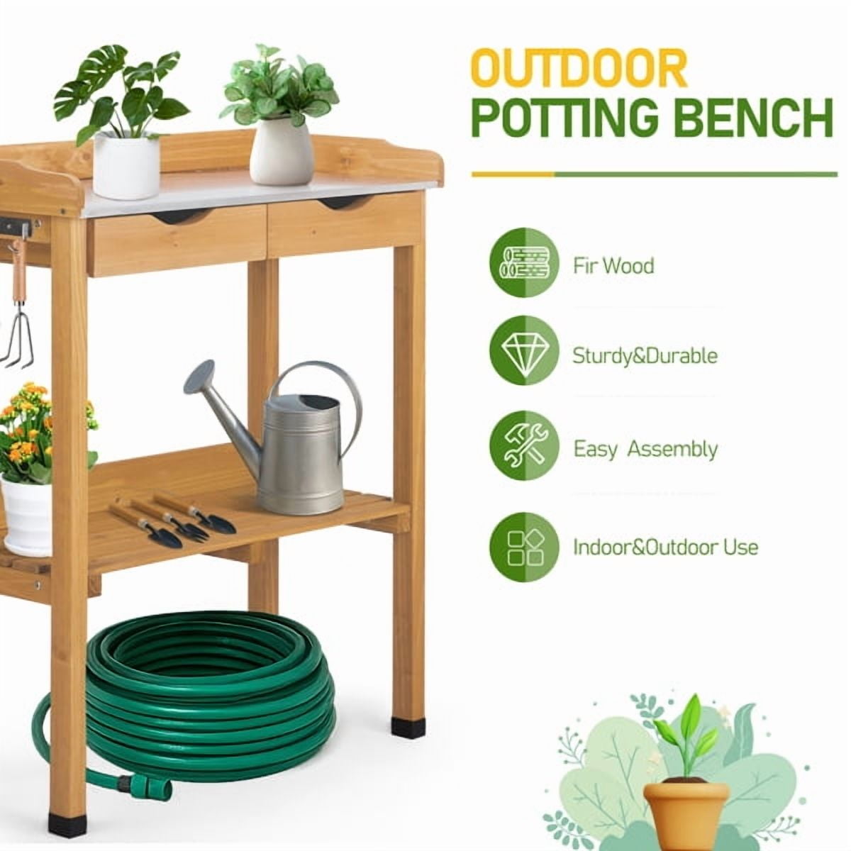 Outdoor Garden Potting Bench Table, Wooden Horticulture Planting Worstation with Metal Tabletop, 2 Drawers, Storage Shelf, 3 Hooks, Natural Wood