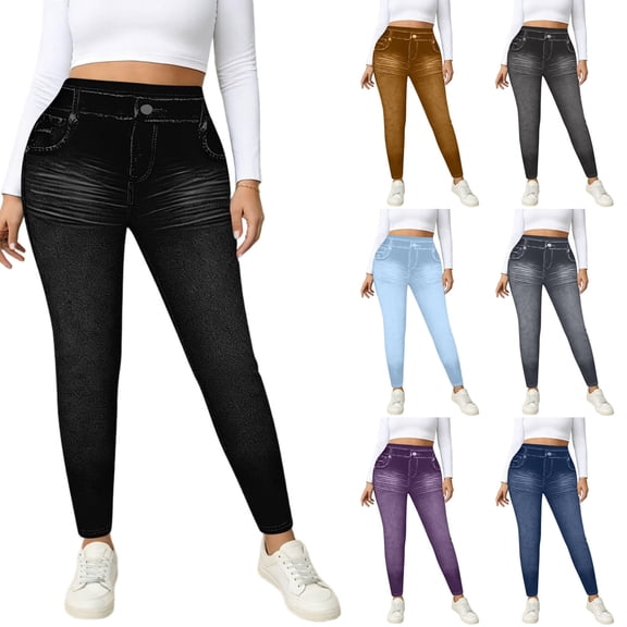 Women's Faux Denim Flare Pants Casual Elastic Waist Walking Imitation Denim Pants Comfortable