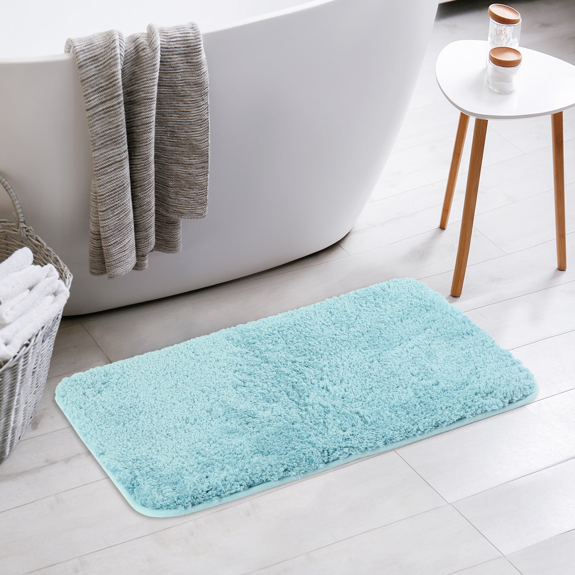 Unique Bargains Luxury Bath Mat Rug Solid Plush Shaggy Bath Carpet for Bathroom Floor Blue 16"x24"
