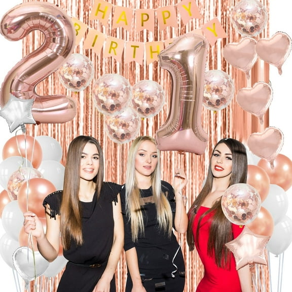 DONEWISH 21 Birthday Decoration Party Decoration for Woman Decor 21st Birthday Balloons Rose Gold Backdrop Happy 21st Birthday Decoration Adult Party Supply Female Rose Gold Birthday Decoration