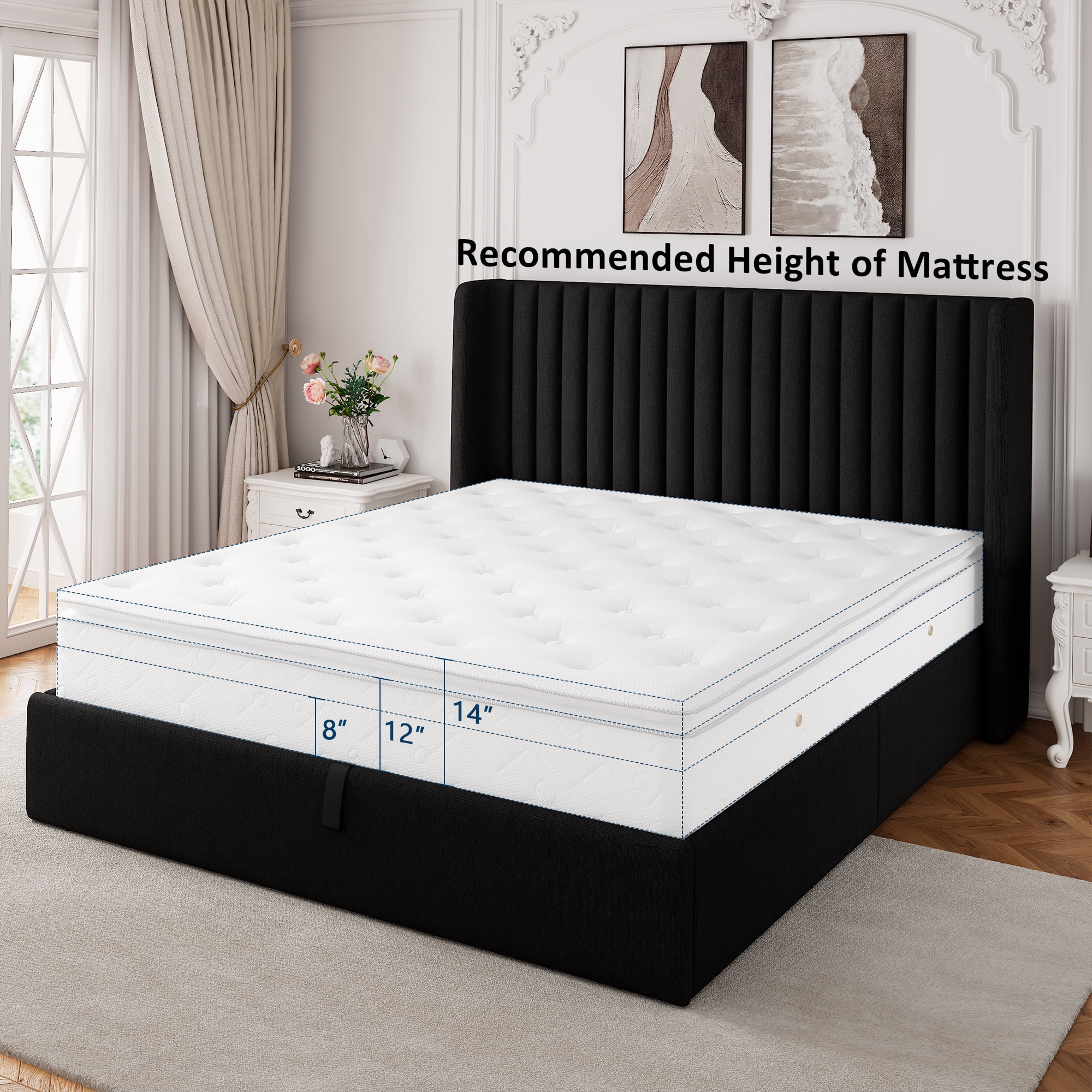 Einhomn Queen Size Lift Up Storage Bed With Wingback Headboard, Upholstered Platform Bed Frame with Hydraulic Storage, Linen Fabric, No Box Spring Needed,Black