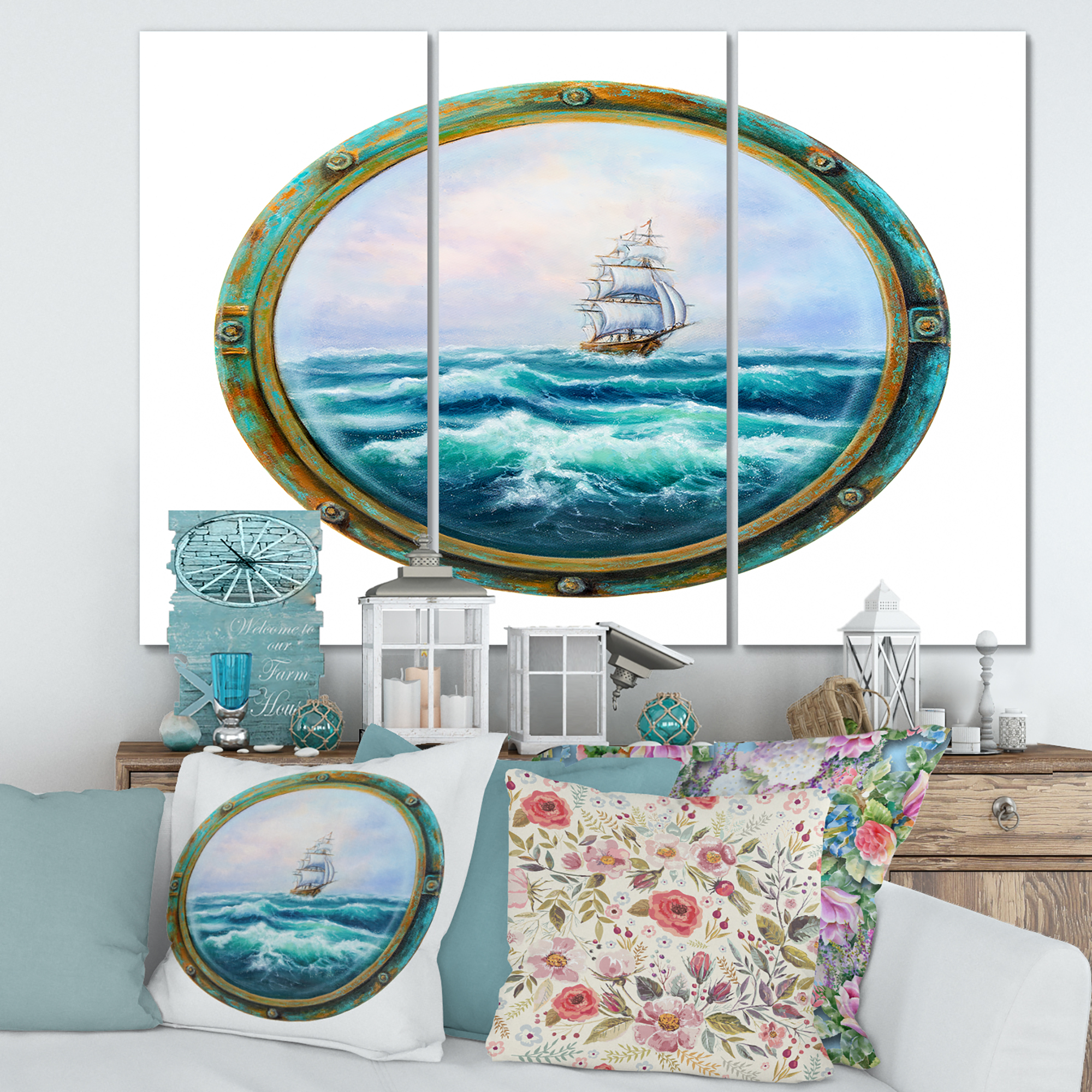 Ship In Stormy Ocean Through Cabin Window 28 in x 36 in Painting Canvas Art Print, by Designart
