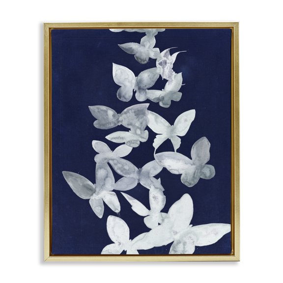 Stupell Industries Modern Blue Butterflies Abstraction Gold Floating Frame Canvas Art, 17 x 21, by Grace Popp