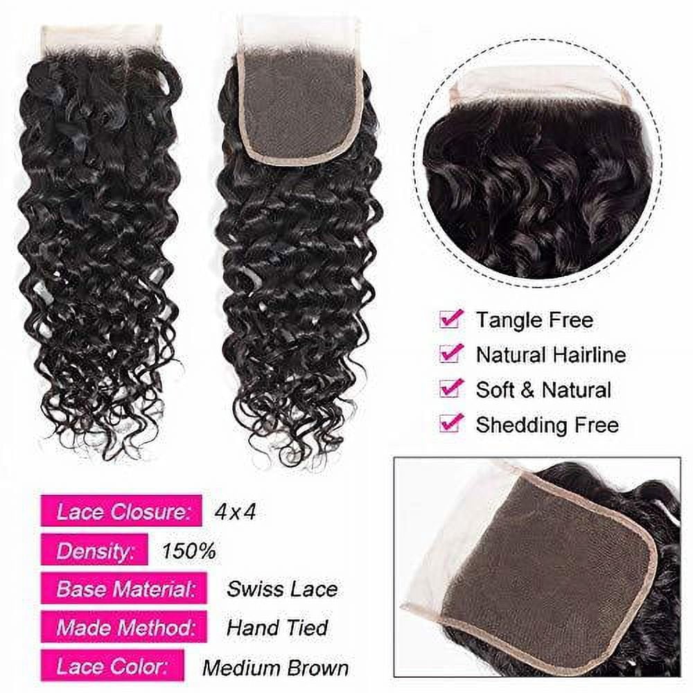 Brazilian Water Wave Bundles with Closure Human Hair Bundles with 4×4 Free Part Closure 100% Virgin Remy Curly Hair Bundles