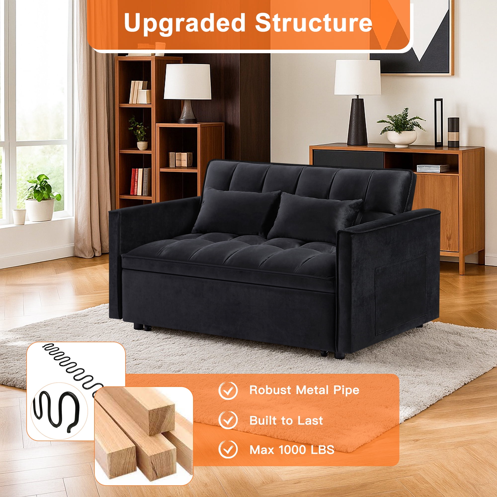 Demi Bonn 3 in 1 Convertible Sleeper Sofa Bed with Side Pocket, Adjustable Backrest Velvet Futon Couches for Living Room, Pull Out Couch, Loveseat, Black