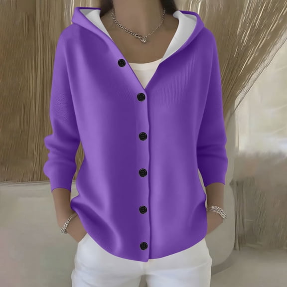Fznquz Button Down Sweaters for Women Hooded Knitted Sweater Solid Purple Cardigan Trendy Winter Outfits