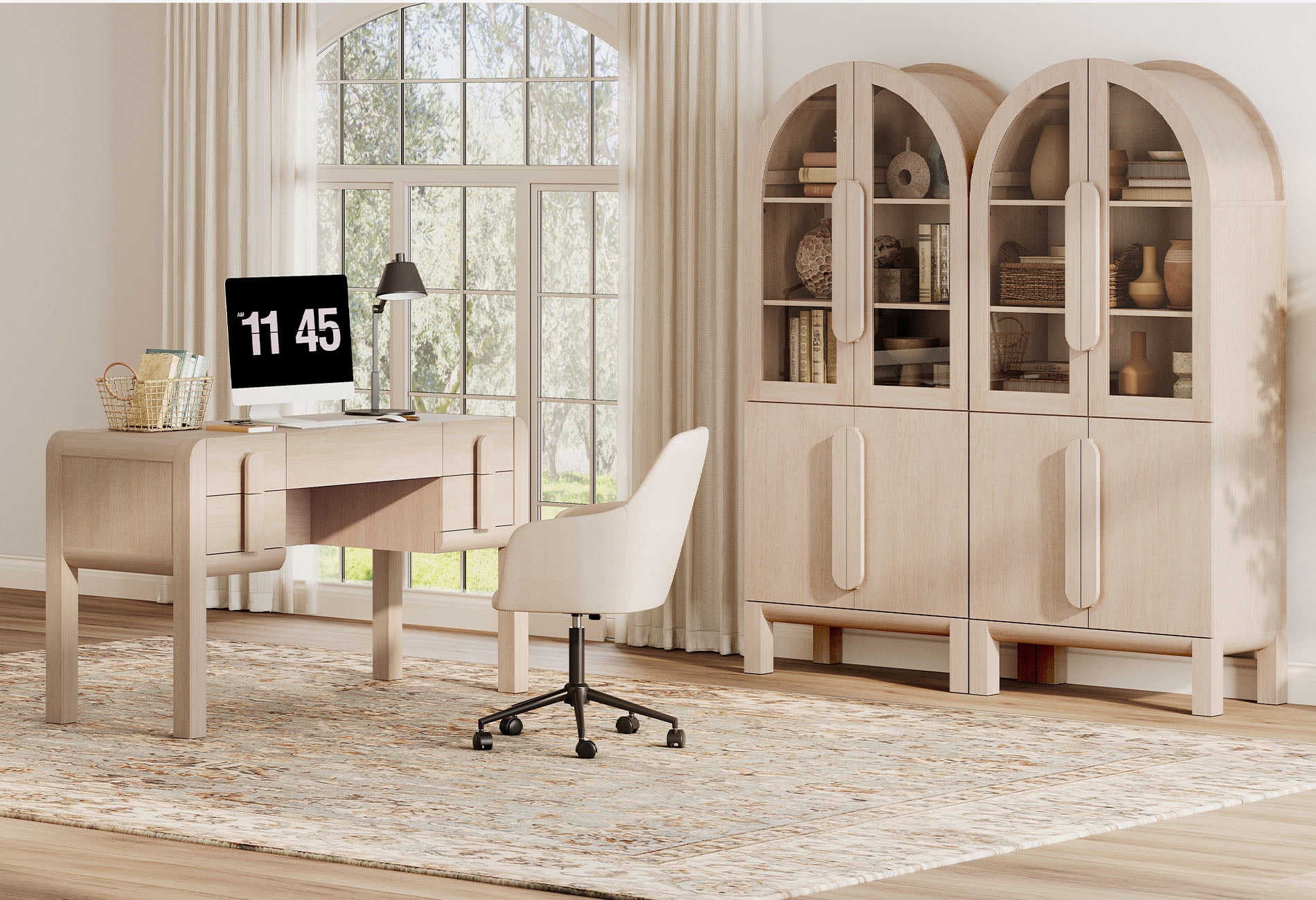Home Office Set, 53.5" Modern Executive Desk with Charging Station and Drawers & 2 Piece 71"H Tall 3-Tier Arched Bookcases with Glass Door for Living Room, Bedroom, Home Office