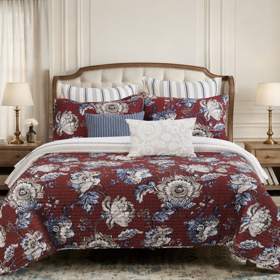 Levtex Home - Royce Red Quilt Set - Full/Queen Quilt (88x92in) and 2 Standard Shams (20x26in) - Floral Botanical Design - Red, Blue and Ivory - Reversible - Cotton