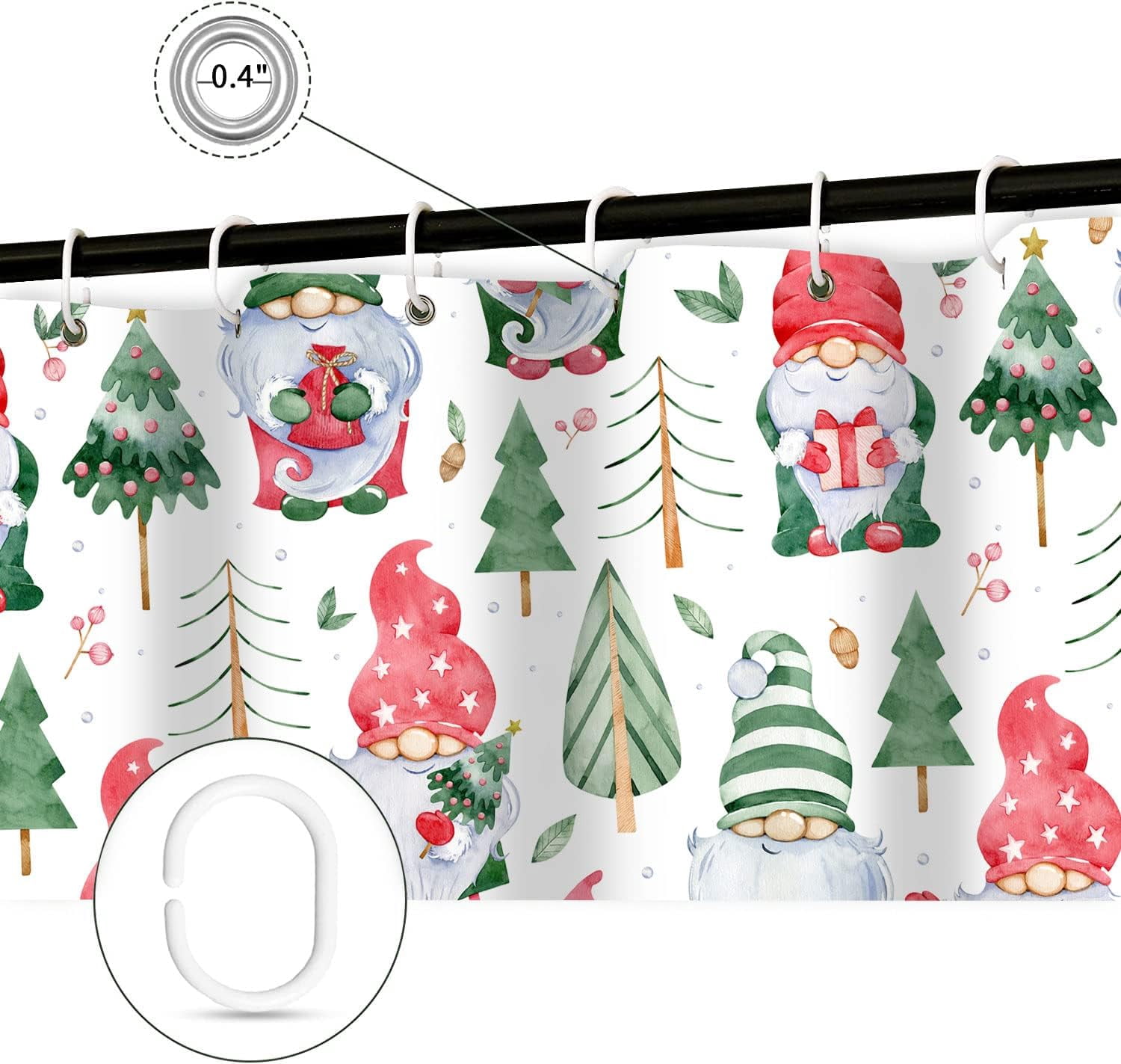 Cute Gnome Christmas Shower Curtain Gnomes Holding Xmas Gifts Bathroom Curtain Farmhouse Christmas Pine Tree, Winter Holiday New Year Bathroom Accessories with Hooks 72x72IN