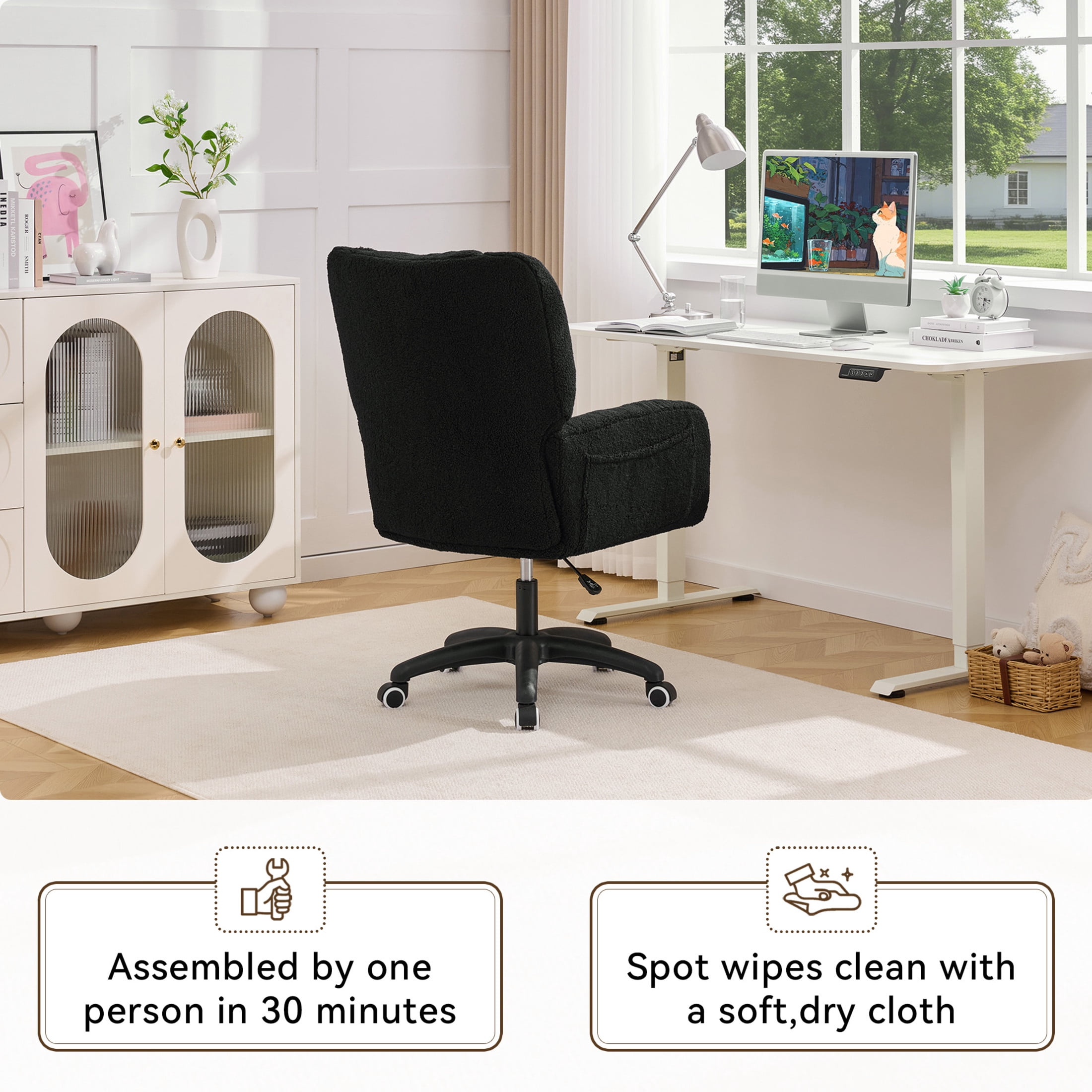 Noble House Sheila Teddy Fabric Swivel Office Chair, High Back Desk Chair with Lumbar Pillow & Storage Pockets, Black