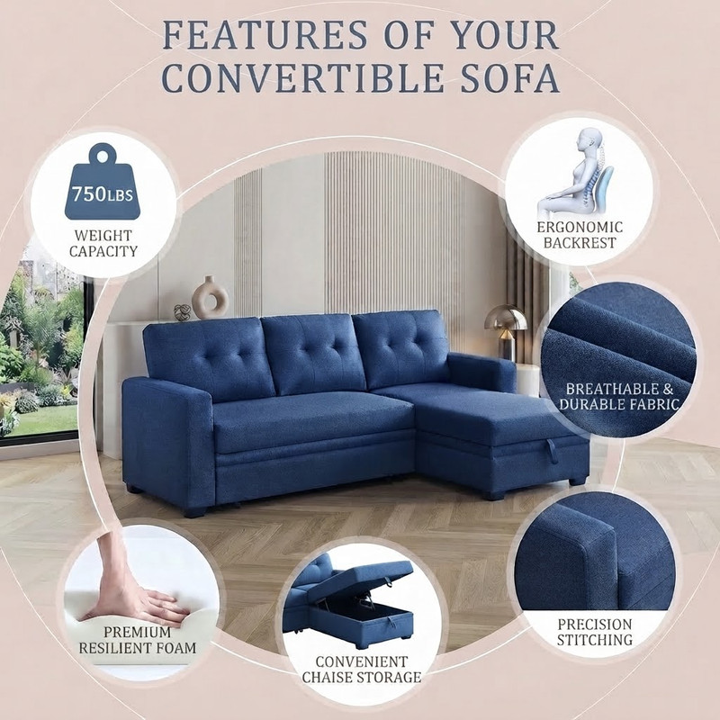 82" L-Shaped Convertible Sleeper Sectional Sofa with Pull-Out Bed, Storage Chaise, Removable Back Cushions, Modular Corner Couch for Living Room, Apartment, Home Office