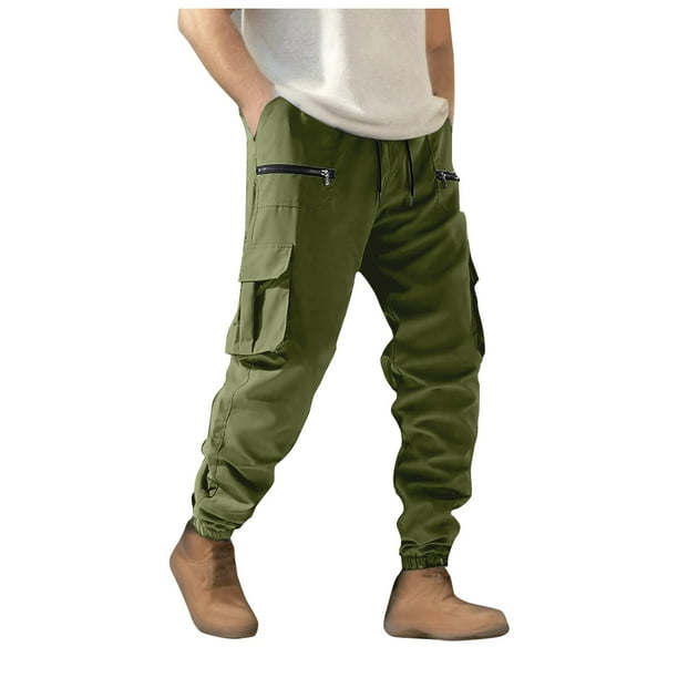 Pantalones de trabajo de color liso con cremallera para hombre: bolsillos grandes, cordones en los tobillos, estilo informal holgado, para negocios/deporte, poliéster, diseño con cintura ajustable.