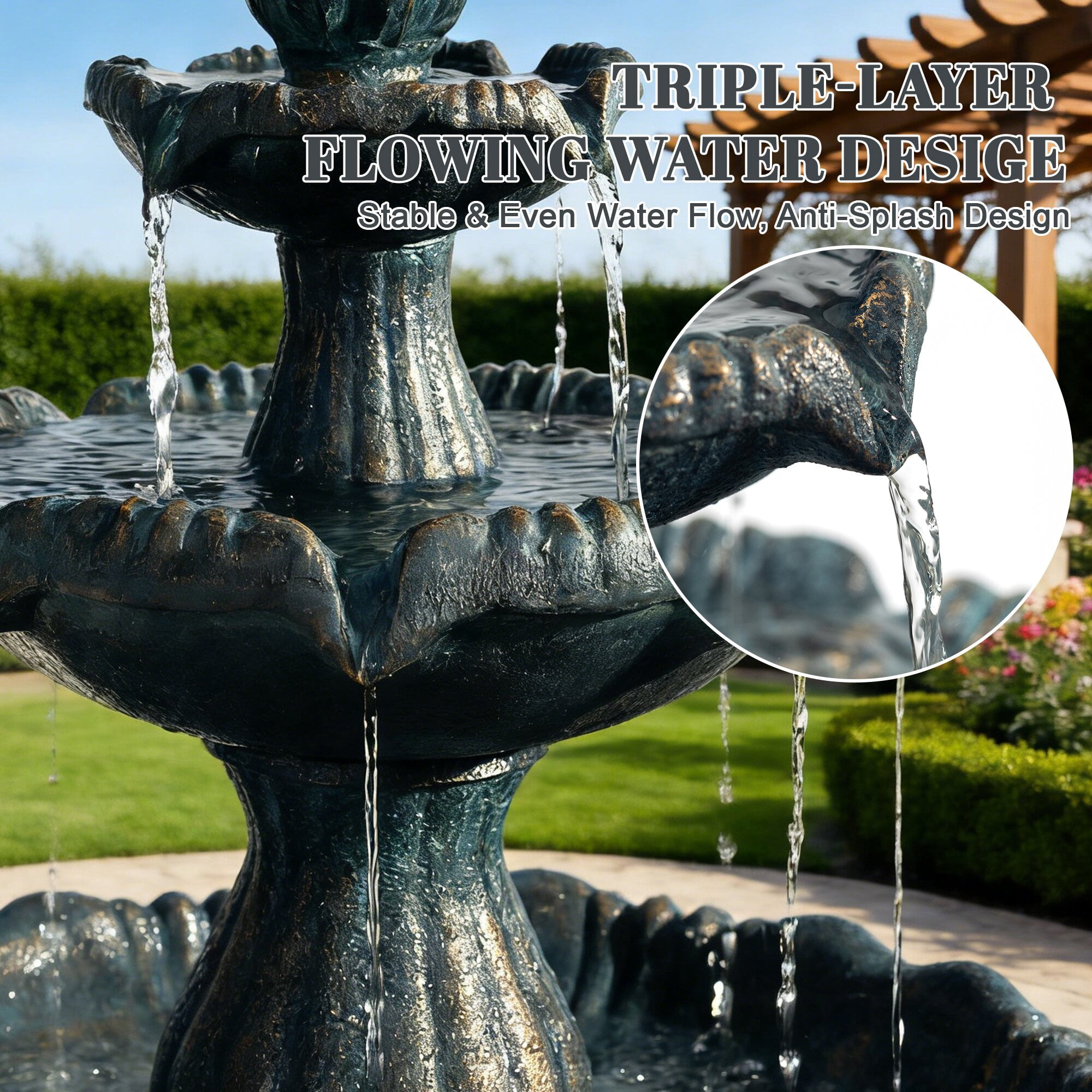 Kaluomm 48" 3-Tiers Outdoor Water Fountain, Italian Pineapple Large Cascading Waterfall Fountains, Weather-Resistant Resin Freestanding Fountain Features for Garden Patio Backyard, Black