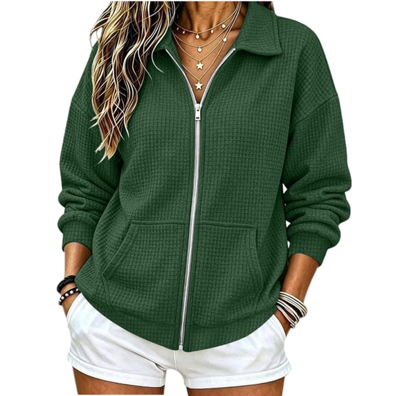 PRINxy Women's Soft Waffle Knit Long Sleeve Notch Lapel Full Zip Jacket Coat with Large Pockets for Fall Winter Casual Green XXL