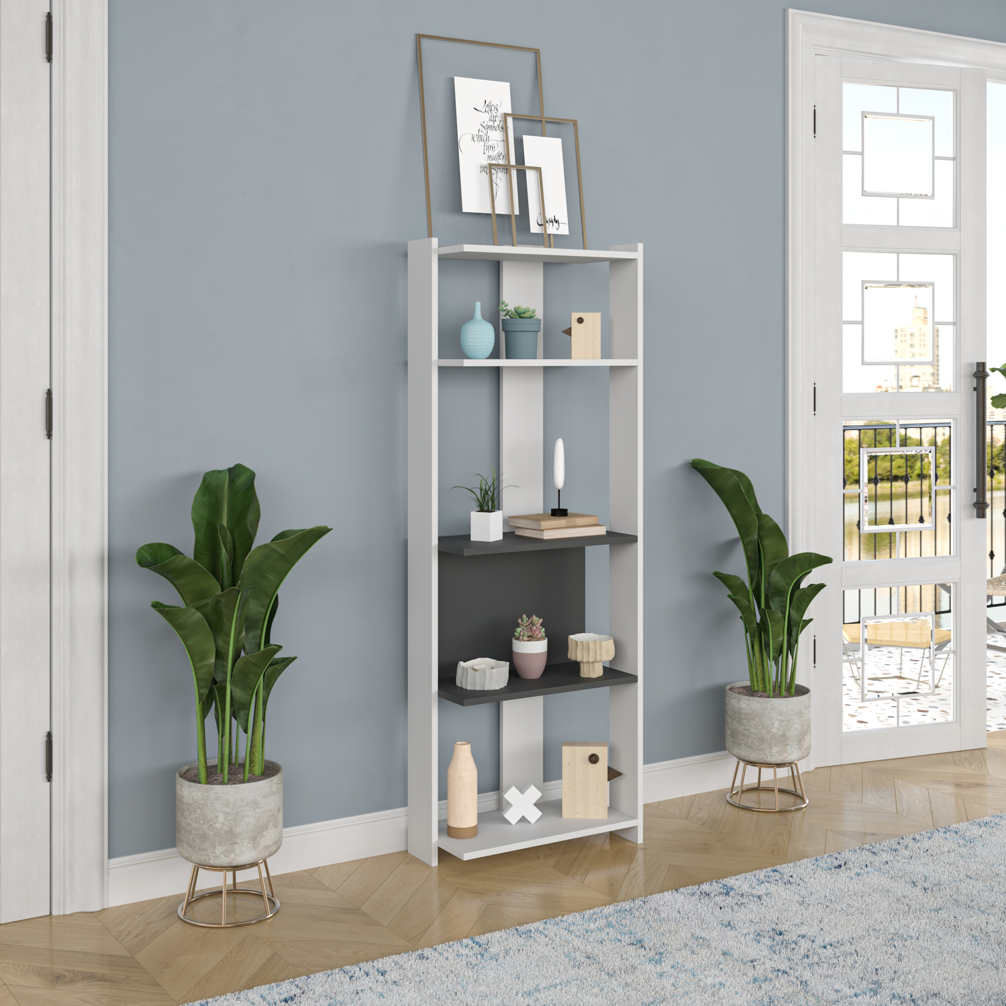 Ada Home Decor Abis 4 Tier Open Shelf Narrow Modern Bookcase, Anthracite/White