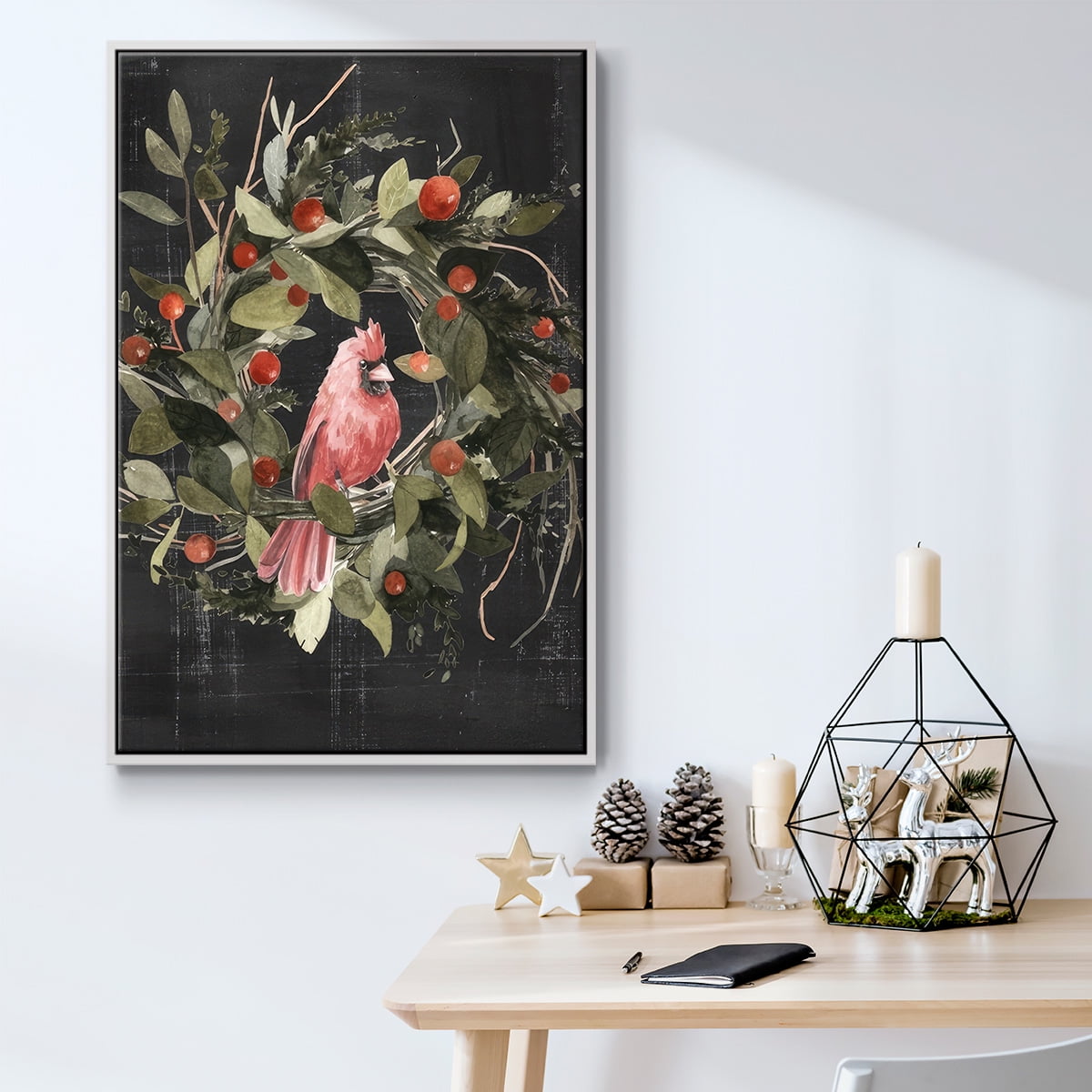 Christmas Cardinal II - Framed Gallery Wrapped Holiday Canvas - 27 x 41 - White Frame