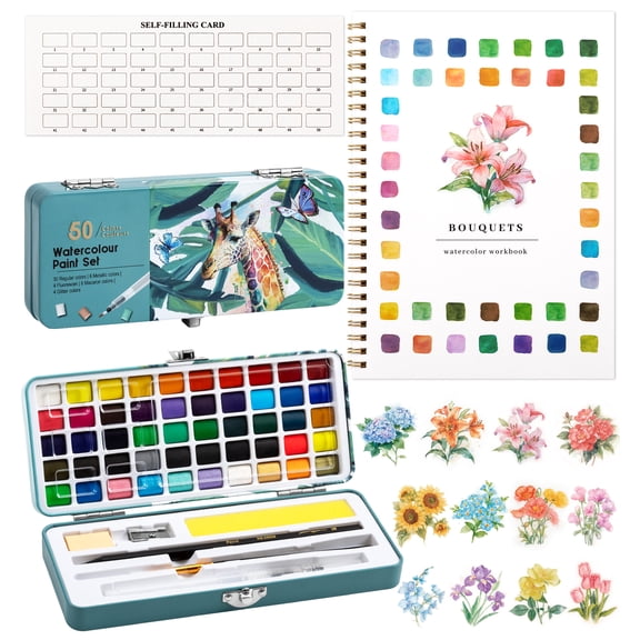 Watercolor Workbook, Water Coloring Book, 12 Different Patterns of Original DIY Designs, 50 Colors Watercolor Paint Set with Palette and Brush, Beginner-Friendly Watercolor Workbooks (Bouquets)