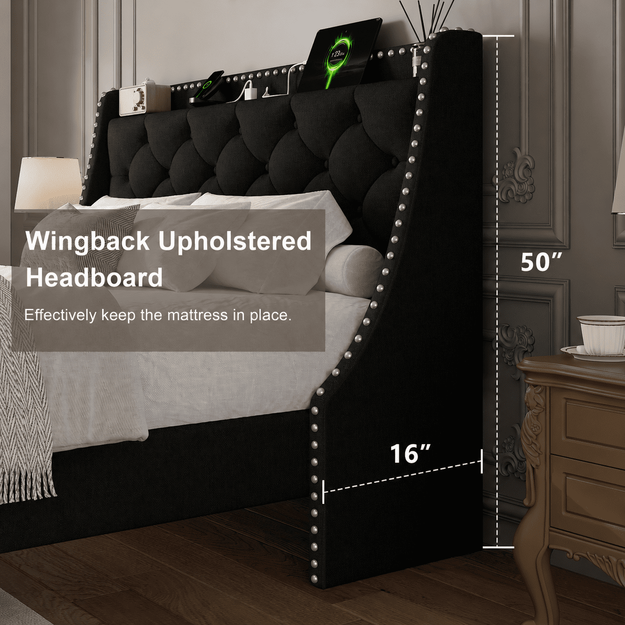Virans Full Bed Frame with 16" Deluxe Wingback & Charging Station, Upholstered Platform Bed with Button Tufted Storage Headboard,Black