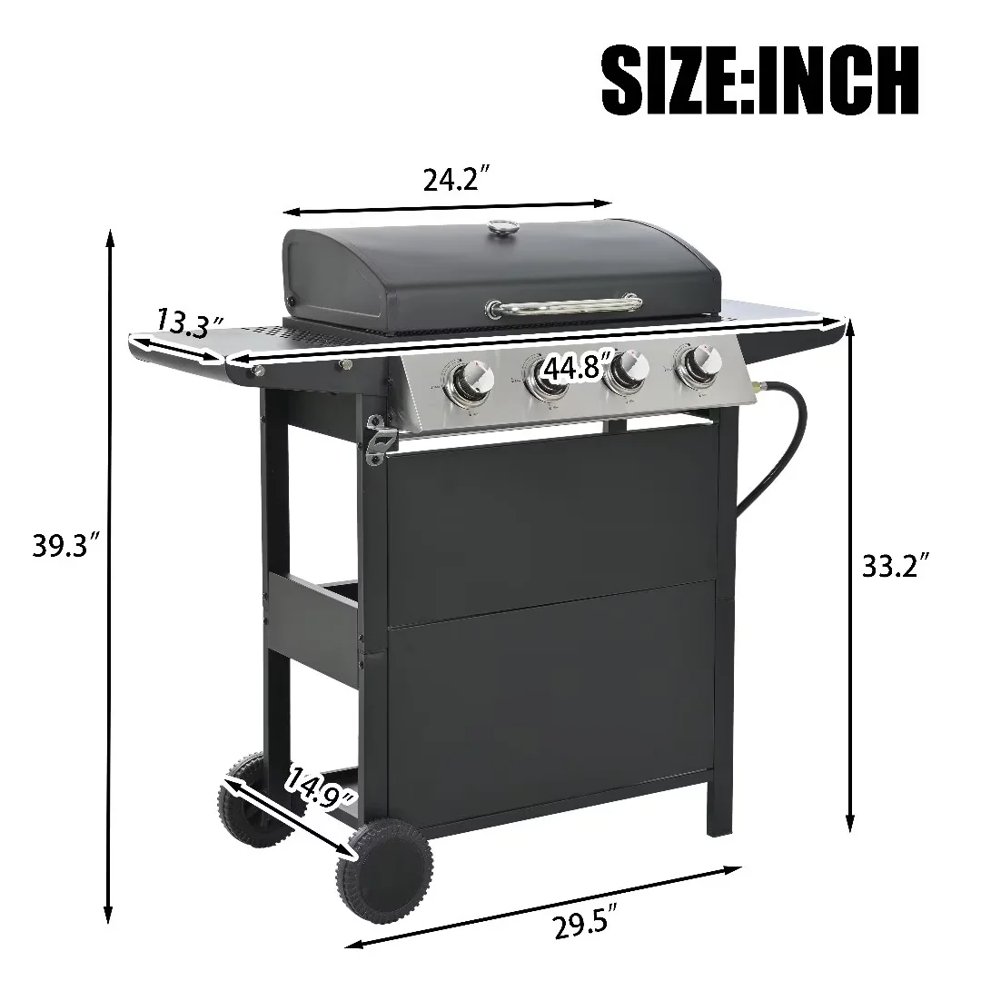 Leuco 4-Burner Propane Gas BBQ Grill with Side Burner & Porcelain-Enameled Cast Iron Grates, 34,000 BTU Output Stainless Steel Grill for Outdoor Cooking Kitchen and Patio Backyard Barbecue