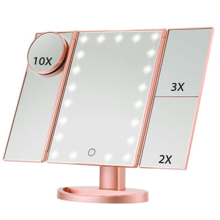 Magicfly Led Lighted Makeup Mirror, 10X 3X 2X 1X Magnifying Mirror 21 LED Tri-Fold Vanity Mirror Touch Screen 180° Adjustable Stand, Brightness Travel Beauty Mirror (Rose