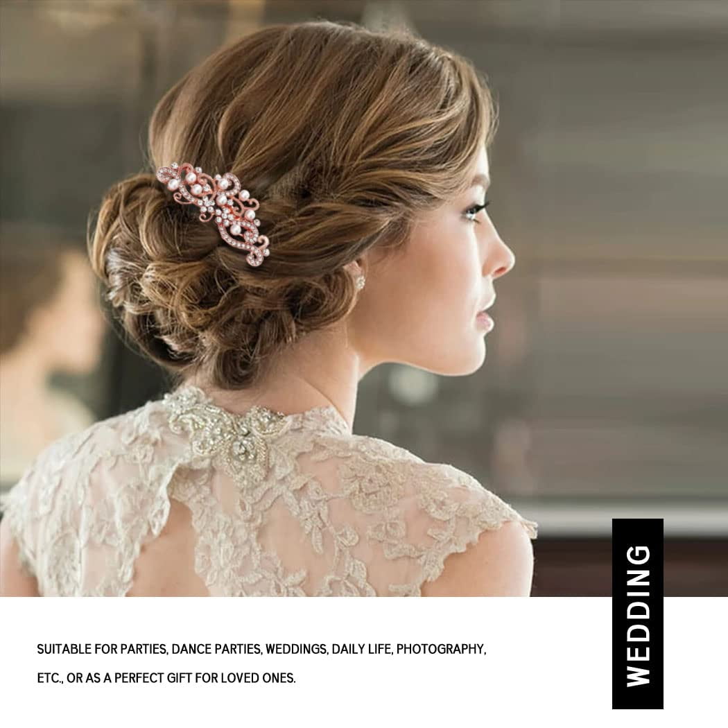 Bride Wedding Hair Comb Rhinestones Bridal Hair Accessories Pearl Hair Piece Decorative Hair Clip for Women and Girls(Rose Gold)