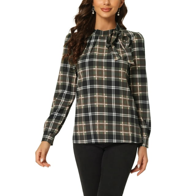 INSPIRE CHIC Hauts pour Femmes pour le Travail Carreaux Col à Nœud Papillon Manches Longues Blouses m Brun Noir