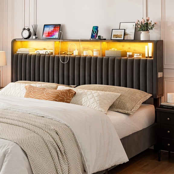 ARICOEASY King Size Headboard Modern Velvet Upholstered Headboard with Storage Shelf, LED Lights & USB Charging Station, Adjustable Height Freestanding Bed Headboard Only, Black