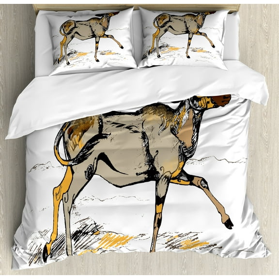 Antelope Duvet Cover Set, Illustration of a Single Animal Colorful Hand Drawn Sketch, Decorative 3 Piece Bedding Set with 2 Pillow Shams, Queen Size, White Taupe Grey, by Ambesonne
