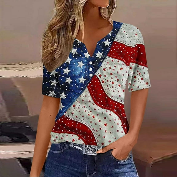 Cavosen Patriotic Shirts for Women Red White and Blue Short Sleeve V-Neck T Shirts USA Star Striped Graphic Tops Lady XL Patriotic Casual T Shirts Independence Day Tunic Tees Patriotic Blouses